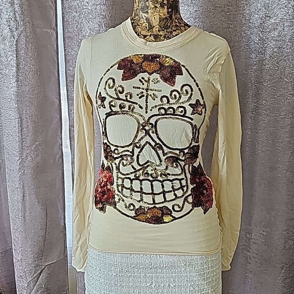 NWOT Vintage Johnny Was Joystick Skull Embroidered Sequin Top Size Small